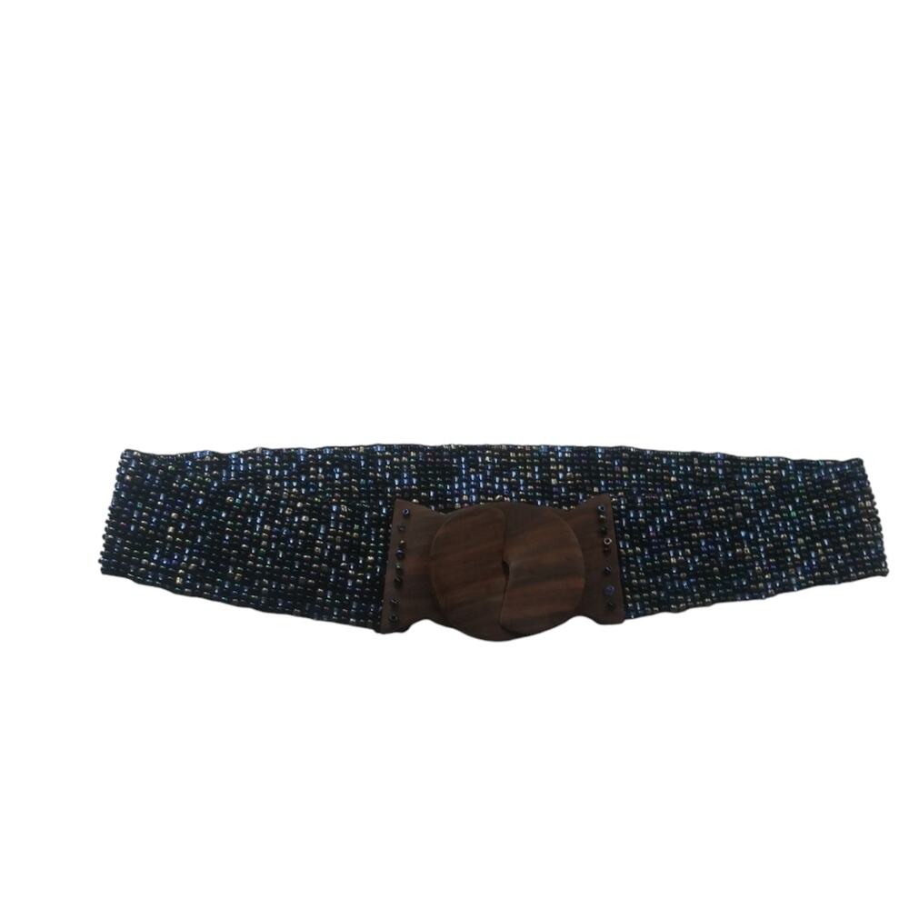 Blue Pewter Multi Color Glass Beaded Stretch Wide Rosewood Buckle Belt